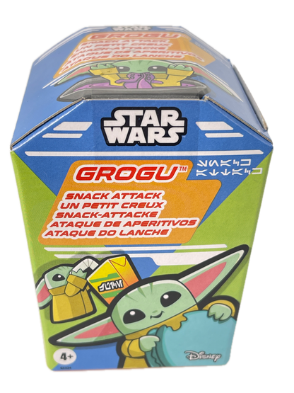 Star Wars Grogu blind box packaging featuring a colorful cartoon design with Grogu, a Star Wars logo, and Disney branding on a white background.