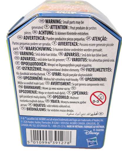 Close-up of the back of a Disney-branded product box with multilingual warning labels, a barcode, and a blue header panel.