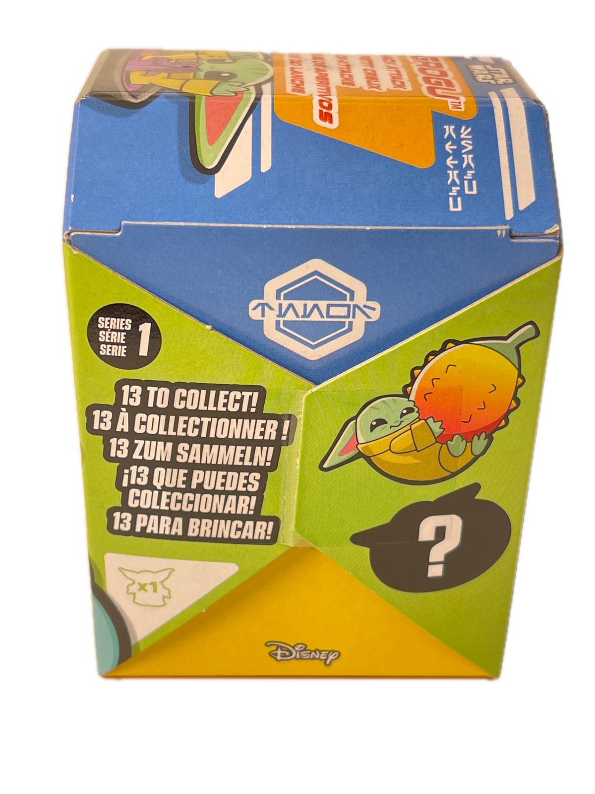 A colorful Disney Mystery Minis collectible box, showing the blue, green, and yellow sides with cartoon graphics and text indicating it contains 13 to collect.