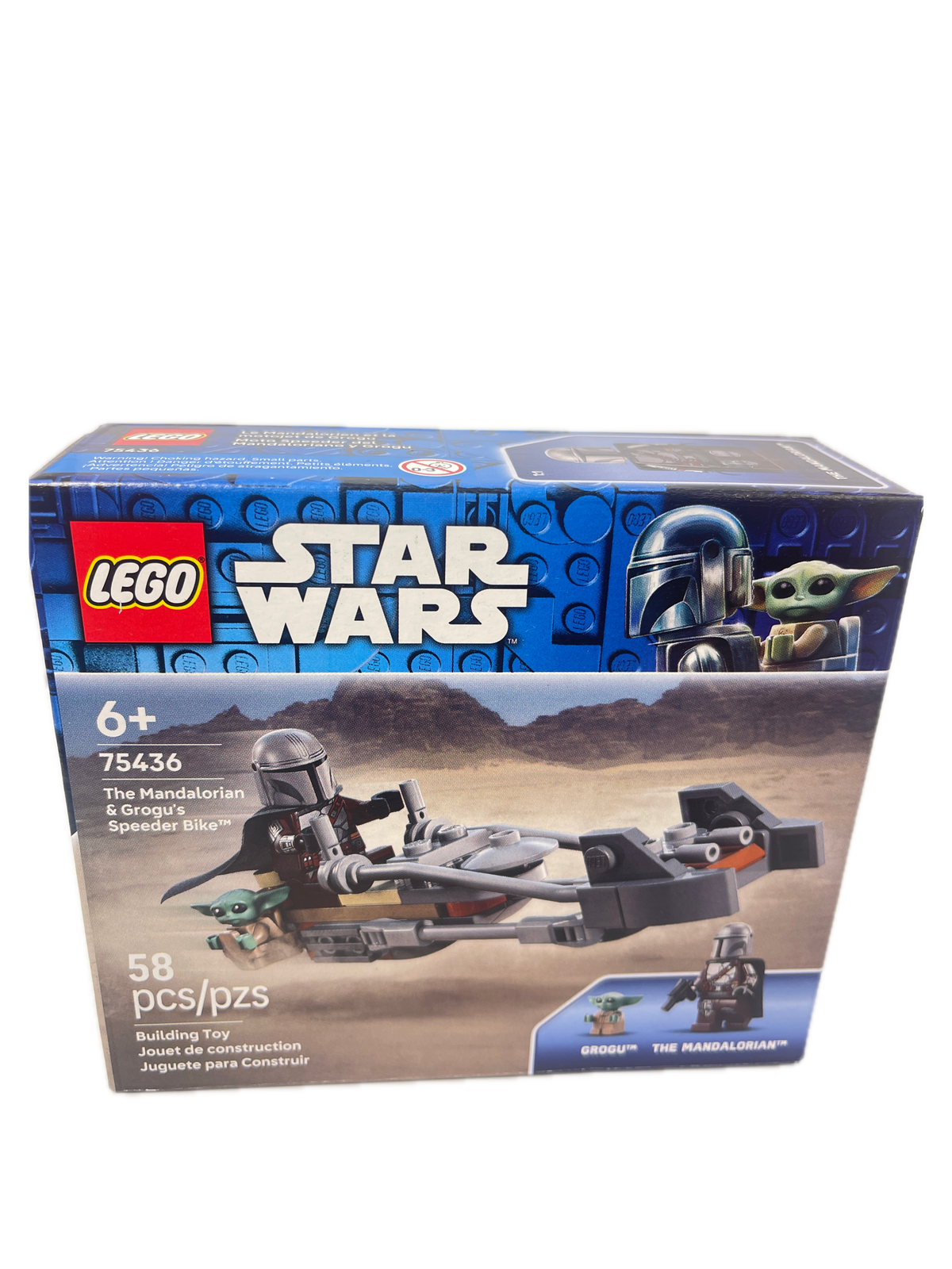 LEGO Star Wars The Mandalorian Grogu build set box, set number 75436, featuring a gray and black speeder bike with green and blue Grogu minifigures on a desert backdrop, shown on a white background.