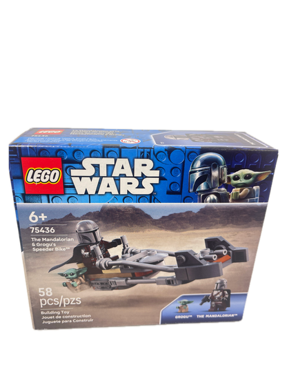 LEGO Star Wars The Mandalorian Grogu build set box, set number 75436, featuring a gray and black speeder bike with green and blue Grogu minifigures on a desert backdrop, shown on a white background.
