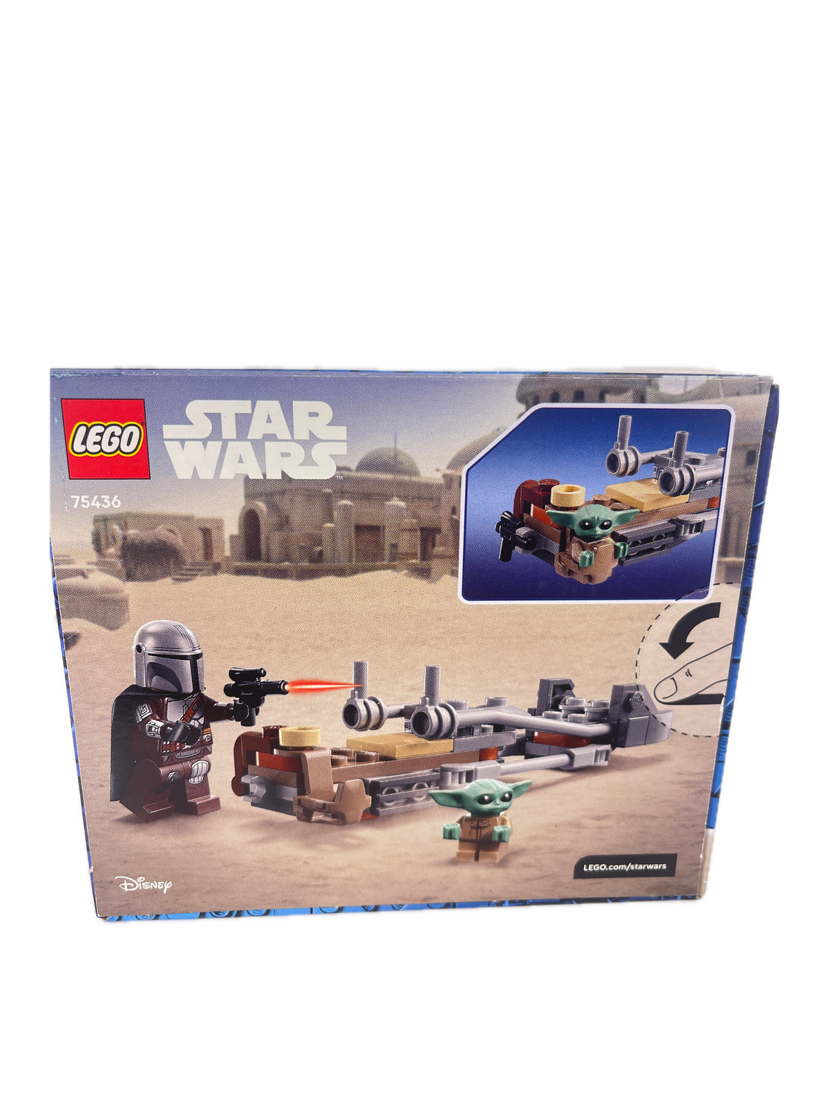 Lego Star Wars set box for 75430 The Mandalorian Battle Rig, featuring a desert battle scene with a green lightsaber and a blue inset showing the vehicle assembled.