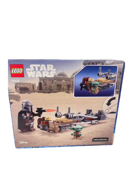 Lego Star Wars set box for 75430 The Mandalorian Battle Rig, featuring a desert battle scene with a green lightsaber and a blue inset showing the vehicle assembled.
