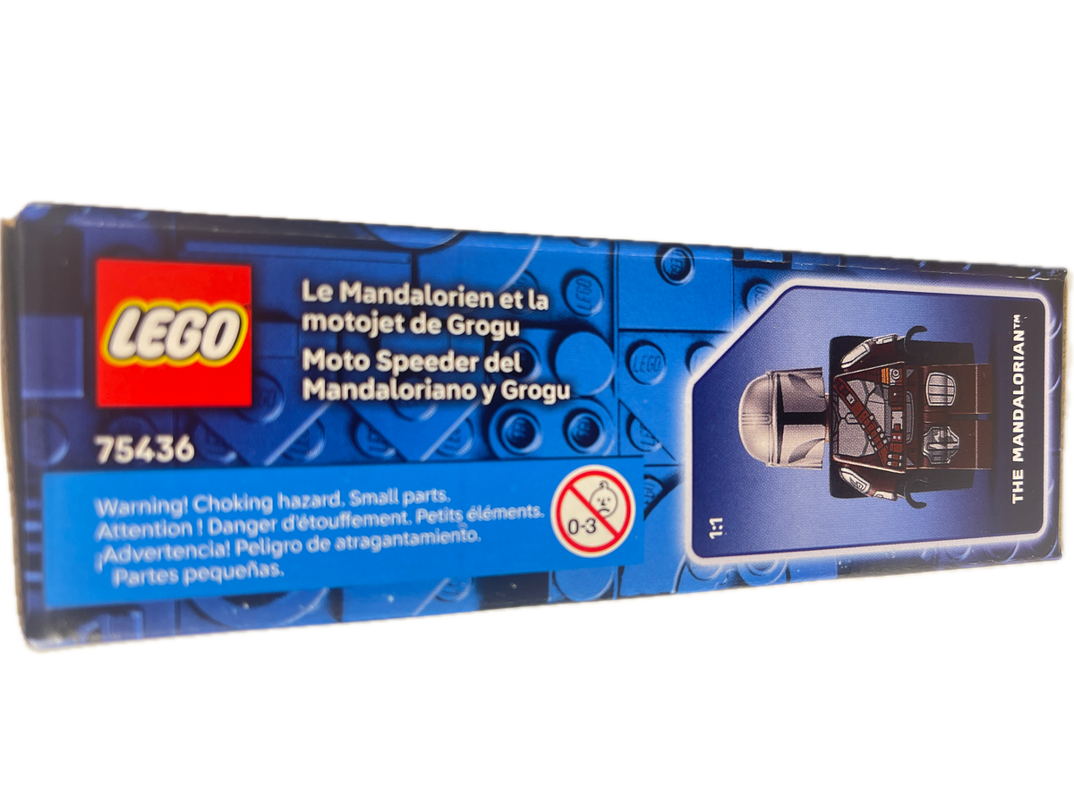LEGO The Mandalorian and Grogu Moto Speeder set 75436 packaging box, featuring blue LEGO branding and a window showing the assembled model.