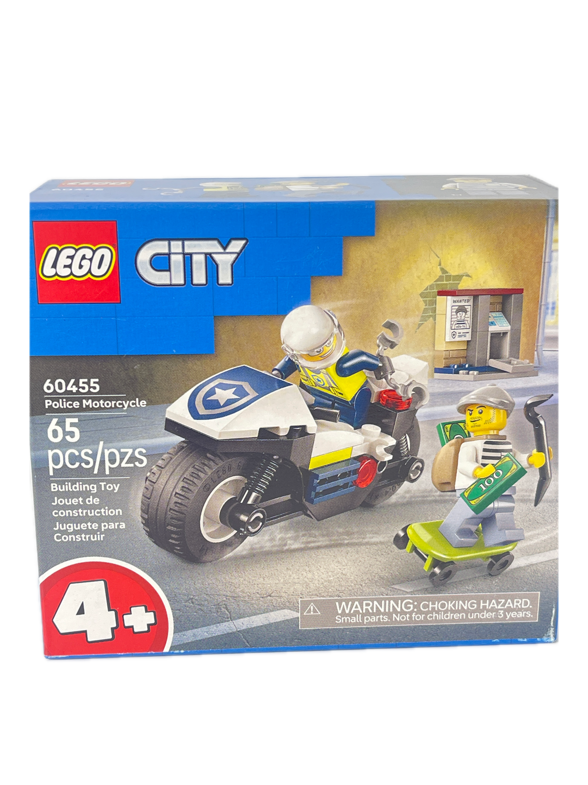 LEGO City Police Motorcycle set box, number 60455, featuring a blue and white motorcycle with a police minifigure and a yellow scooter on the front packaging.