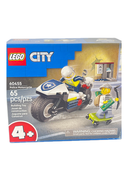 LEGO City Police Motorcycle set box, number 60455, featuring a blue and white motorcycle with a police minifigure and a yellow scooter on the front packaging.