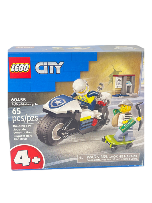 LEGO City Police Motorcycle set box, number 60455, featuring a blue and white motorcycle with a police minifigure and a yellow scooter on the front packaging.