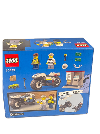 LEGO City Police Station set 60455 toy building box shown at an angle on a white background, featuring blue packaging with illustrations of minifigures, a motorcycle, and building scenes.