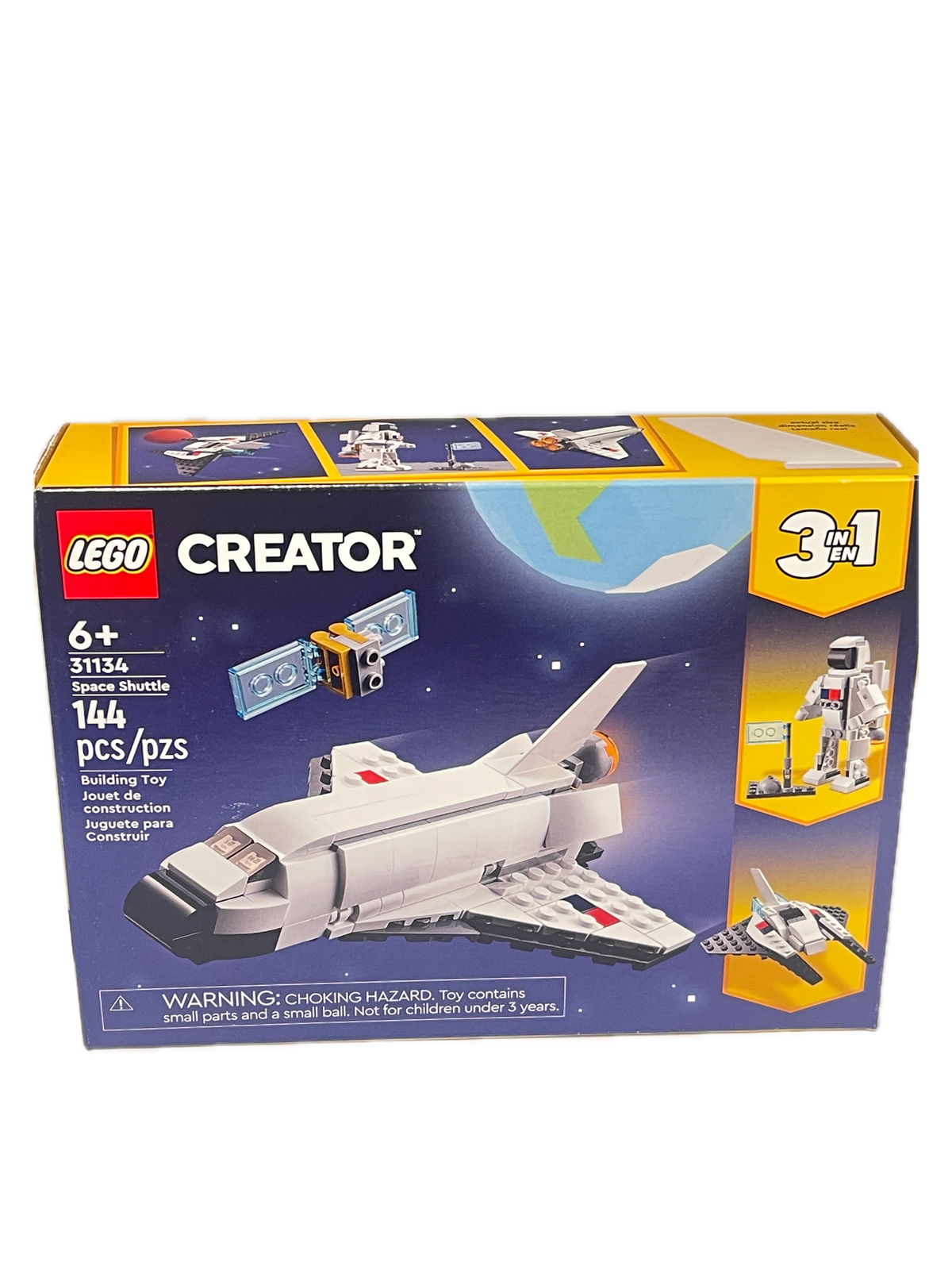 LEGO Creator 3113 Space Shuttle set box, showing a white and gray space shuttle model with a small satellite against a dark blue starry background, with yellow LEGO branding and age 6+ text.