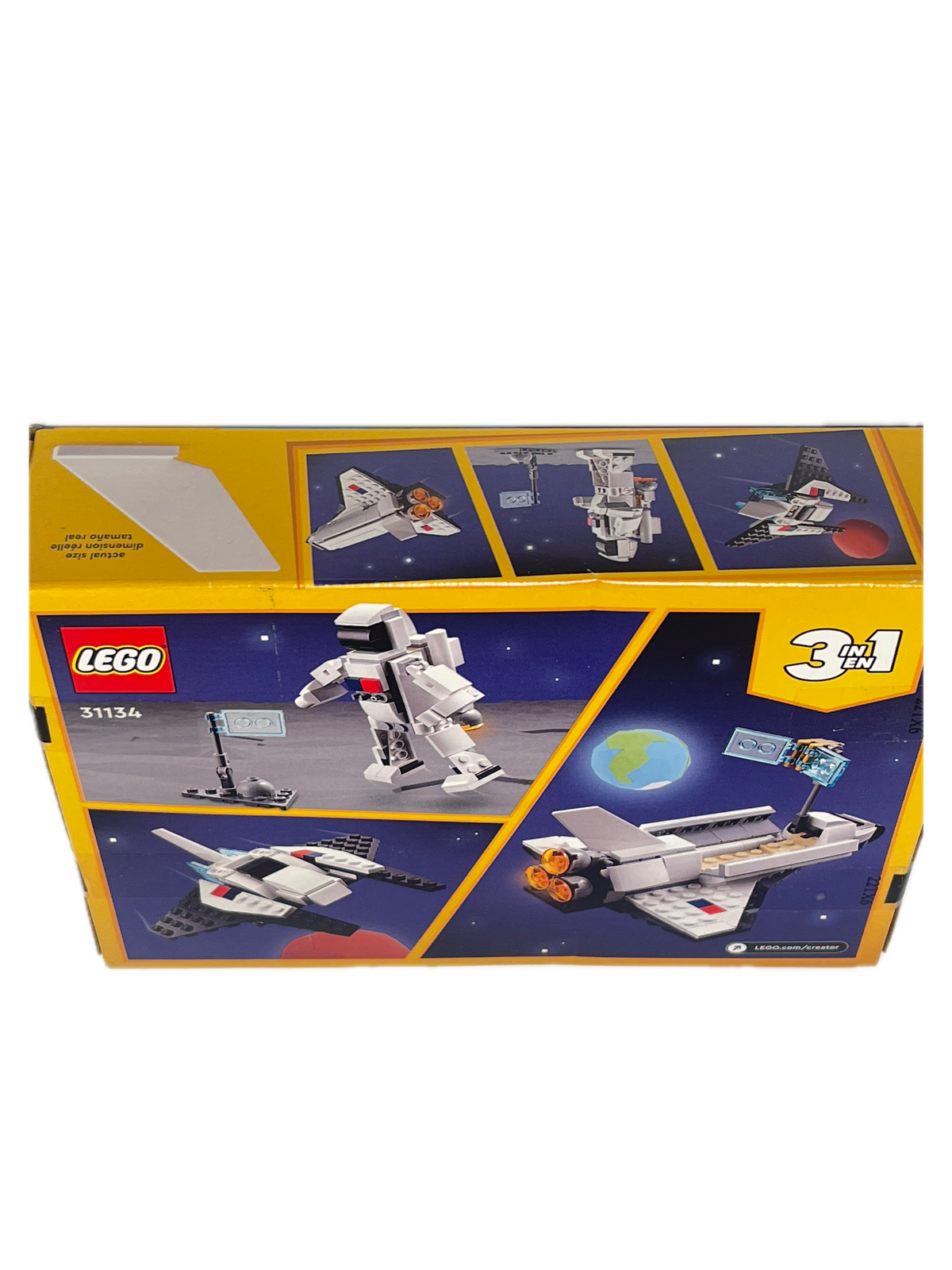 LEGO 31342 Space Station 3-in-1 building set box, showing the front and side panels with illustrations of a white and gray space station, astronauts, and space scenery on a yellow background.