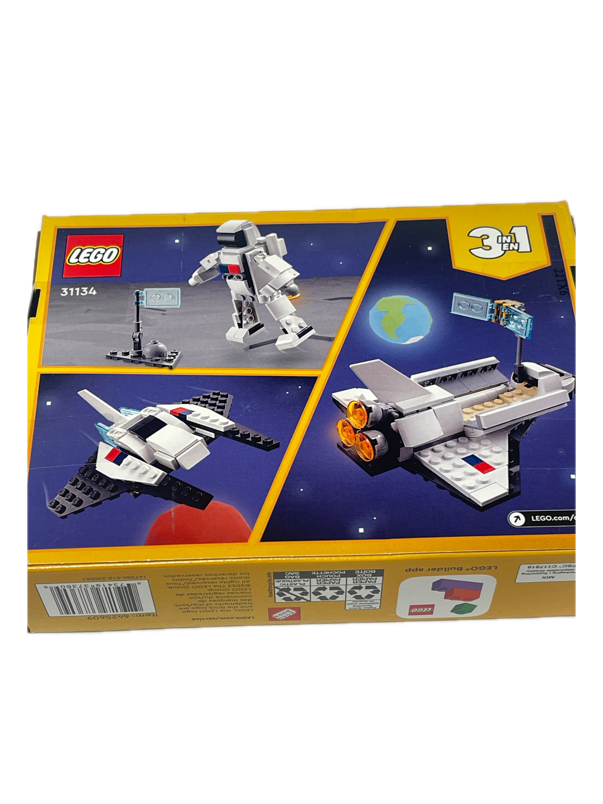 LEGO 31154 1-3 piece space station building set box, showing the front packaging with illustrations of the assembled white, gray, and black space station model against a dark blue starry space background.