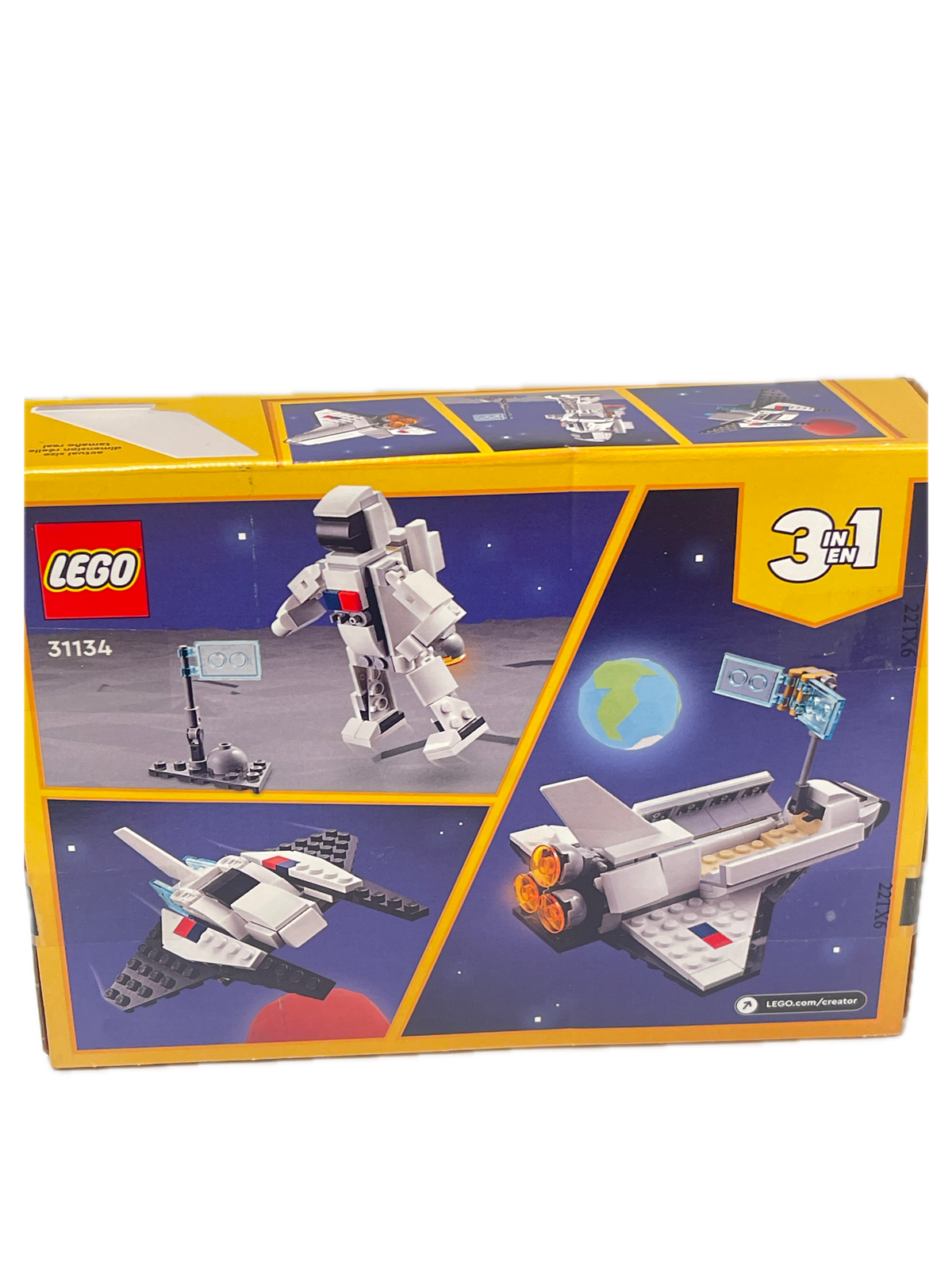 LEGO 3-in-1 Space Explorer set box, model 31126, featuring illustrations of a white space shuttle, astronaut, and space station on a yellow and blue packaging design.
