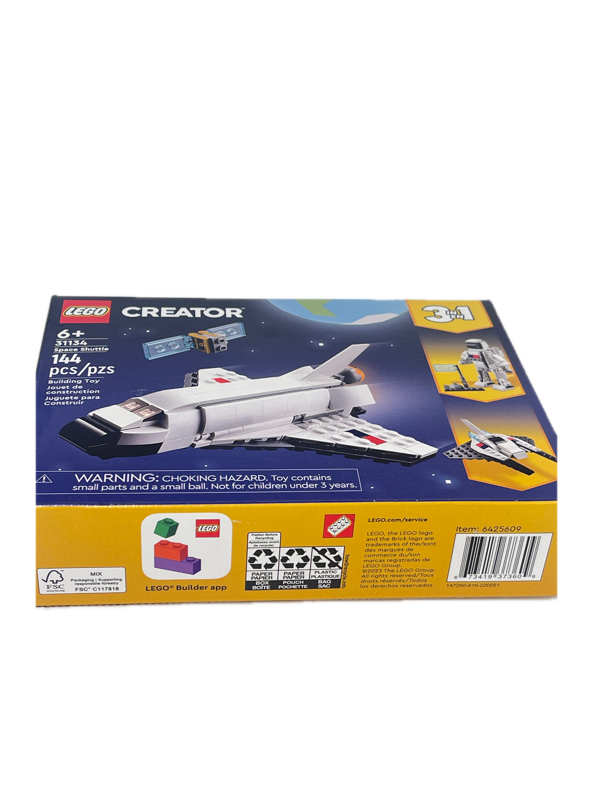 The back of a LEGO Creator toy box showing the assembled white and black space shuttle model, product details, age information, and a LEGO logo on a yellow side panel.