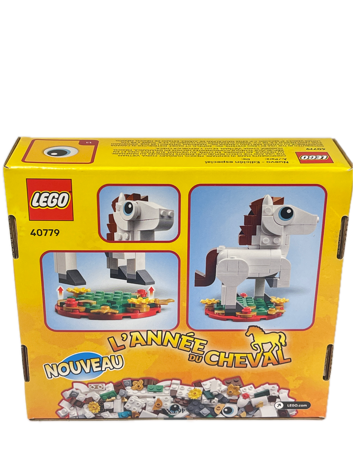 LEGO 40379 L'Année du Cheval box set, featuring a bright yellow packaging design with illustrations of a white and brown horse built from LEGO bricks.
