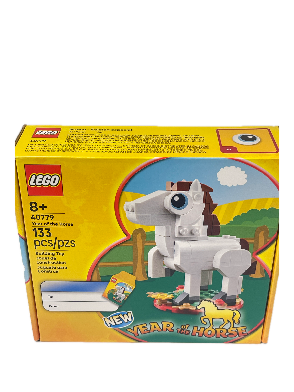 LEGO Year of the Horse 10414 building set box, featuring a yellow and orange design with a white horse model and colorful artwork on the front.