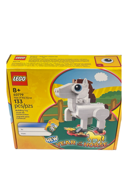 LEGO Year of the Horse 10414 building set box, featuring a yellow and orange design with a white horse model and colorful artwork on the front.