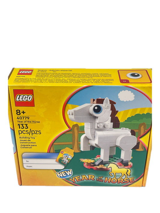 LEGO Year of the Horse 10414 building set box, featuring a yellow and orange design with a white horse model and colorful artwork on the front.