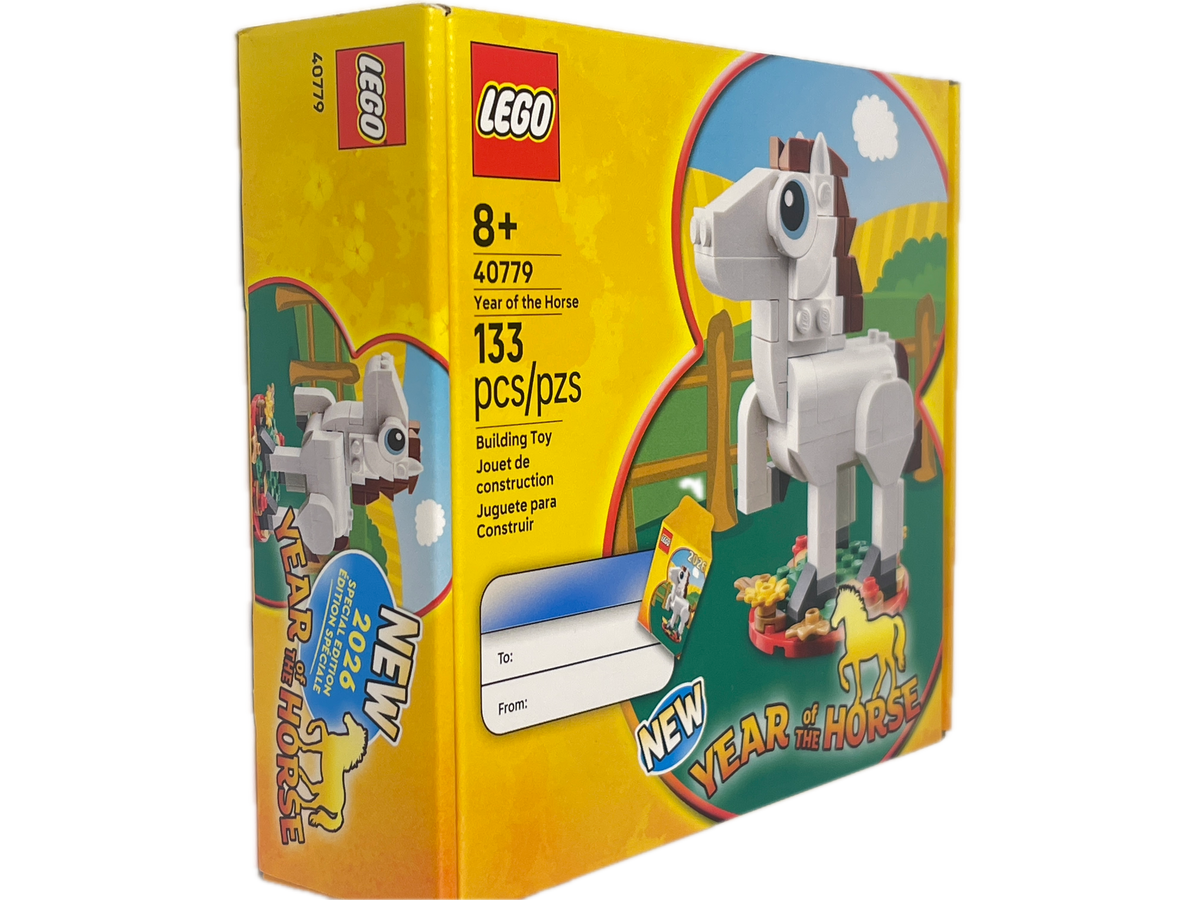 LEGO 133 Building Toy set box for 'Year Horse 2', featuring a bright yellow and orange design with illustrations of a horse and a barn, on a white background.