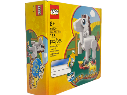 LEGO 133 Building Toy set box for 'Year Horse 2', featuring a bright yellow and orange design with illustrations of a horse and a barn, on a white background.