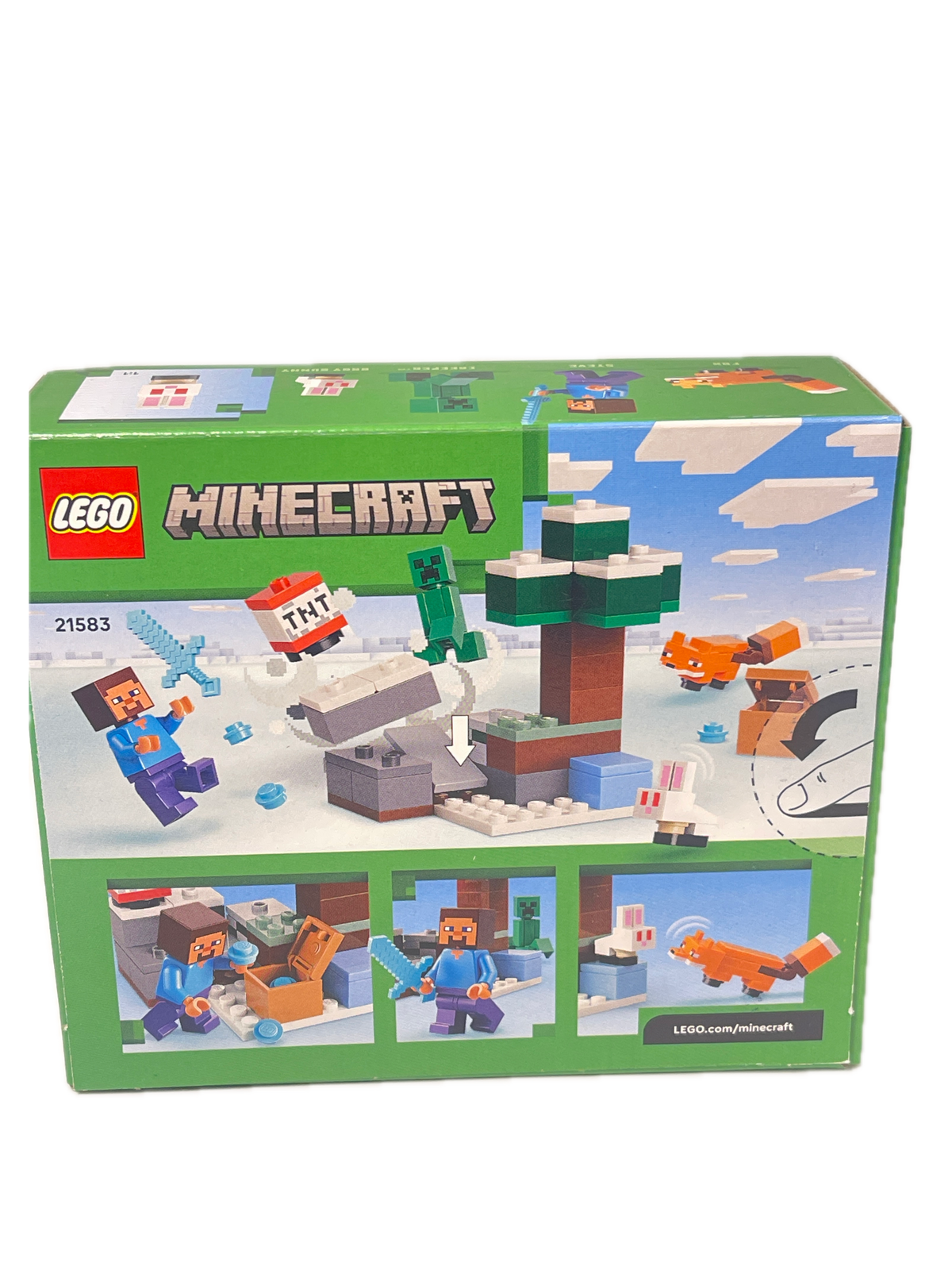 LEGO Minecraft 21593 box set shown at a three-quarter angle on a white background, featuring various blocky game characters and snowy landscape illustrations on the packaging.