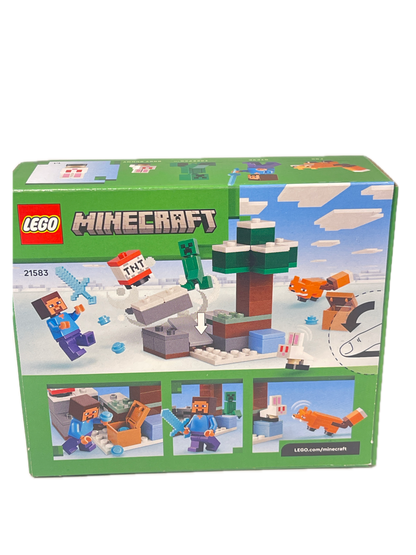 LEGO Minecraft 21593 box set shown at a three-quarter angle on a white background, featuring various blocky game characters and snowy landscape illustrations on the packaging.