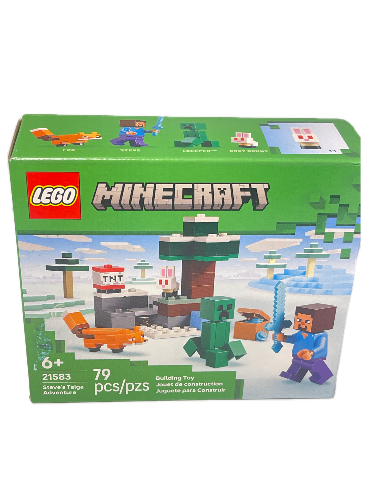 LEGO Minecraft Adventure 21583 set box, featuring a green front panel with pixelated artwork of a character, a tree, a creeper, and the LEGO and MINECRAFT logos.
