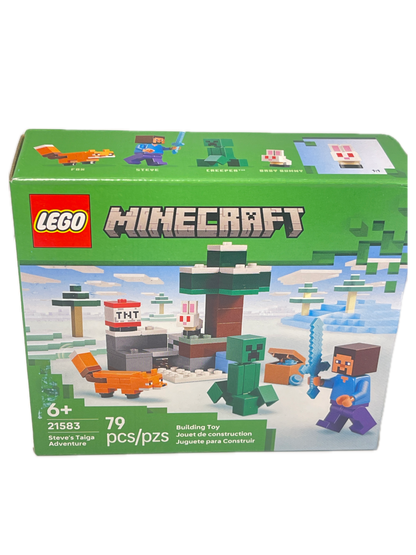 LEGO Minecraft Adventure 21583 set box, featuring a green front panel with pixelated artwork of a character, a tree, a creeper, and the LEGO and MINECRAFT logos.