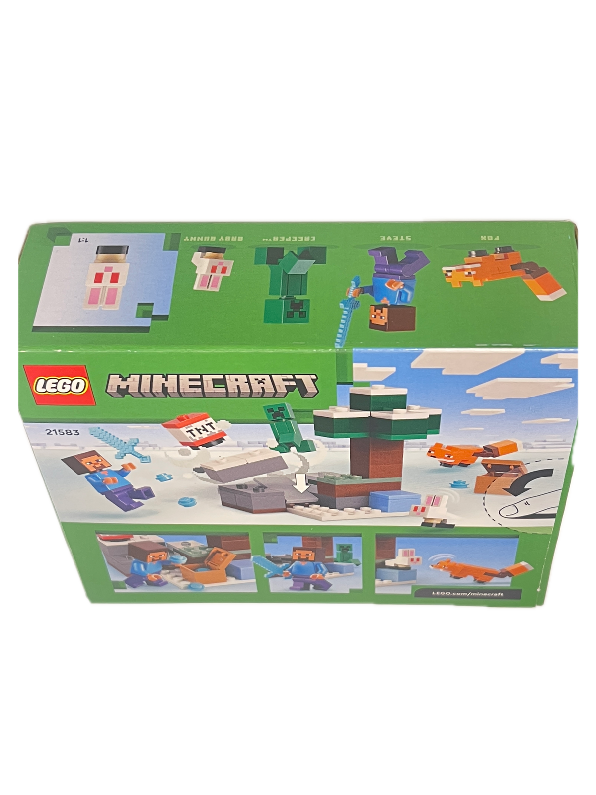 LEGO Minecraft set box shown at an angle on a plain white background, featuring the LEGO and Minecraft branding and colorful block-style artwork of characters and structures.