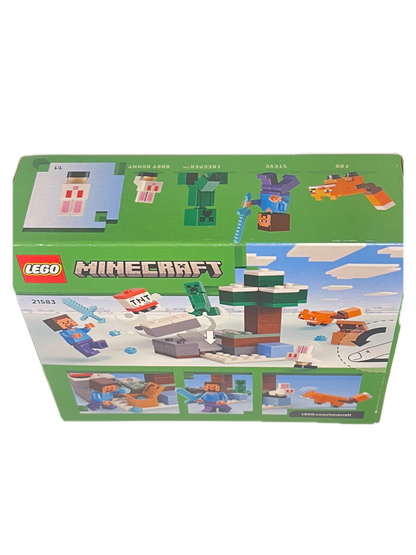 LEGO Minecraft set box shown at an angle on a plain white background, featuring the LEGO and Minecraft branding and colorful block-style artwork of characters and structures.