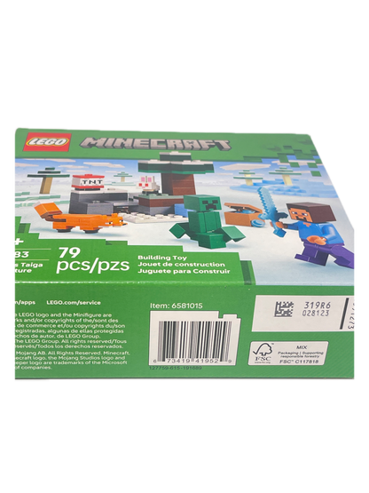 LEGO Minecraft toy building set box shown at an angle, displaying the green packaging with colorful blocky character illustrations and a barcode.