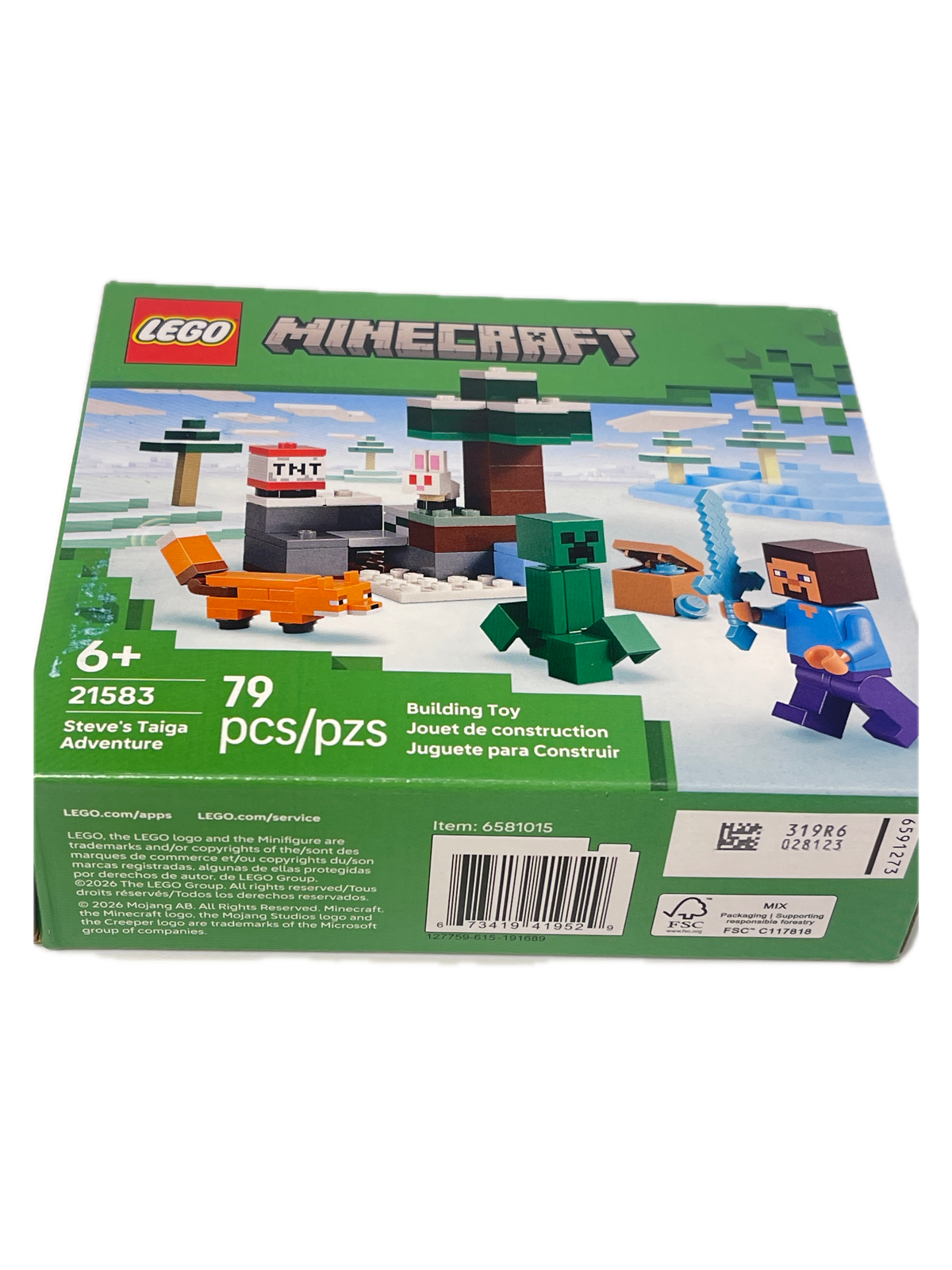 LEGO Minecraft Building Toy box set 21583, featuring a green box with pixelated artwork of a character, a Creeper, an Enderman, and other blocky landscape elements.