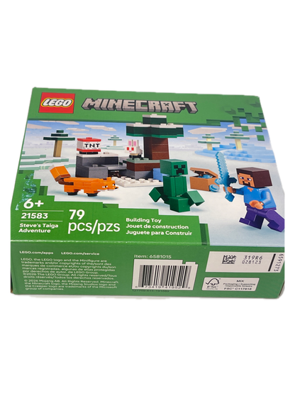 LEGO Minecraft Building Toy box set 21583, featuring a green box with pixelated artwork of a character, a Creeper, an Enderman, and other blocky landscape elements.