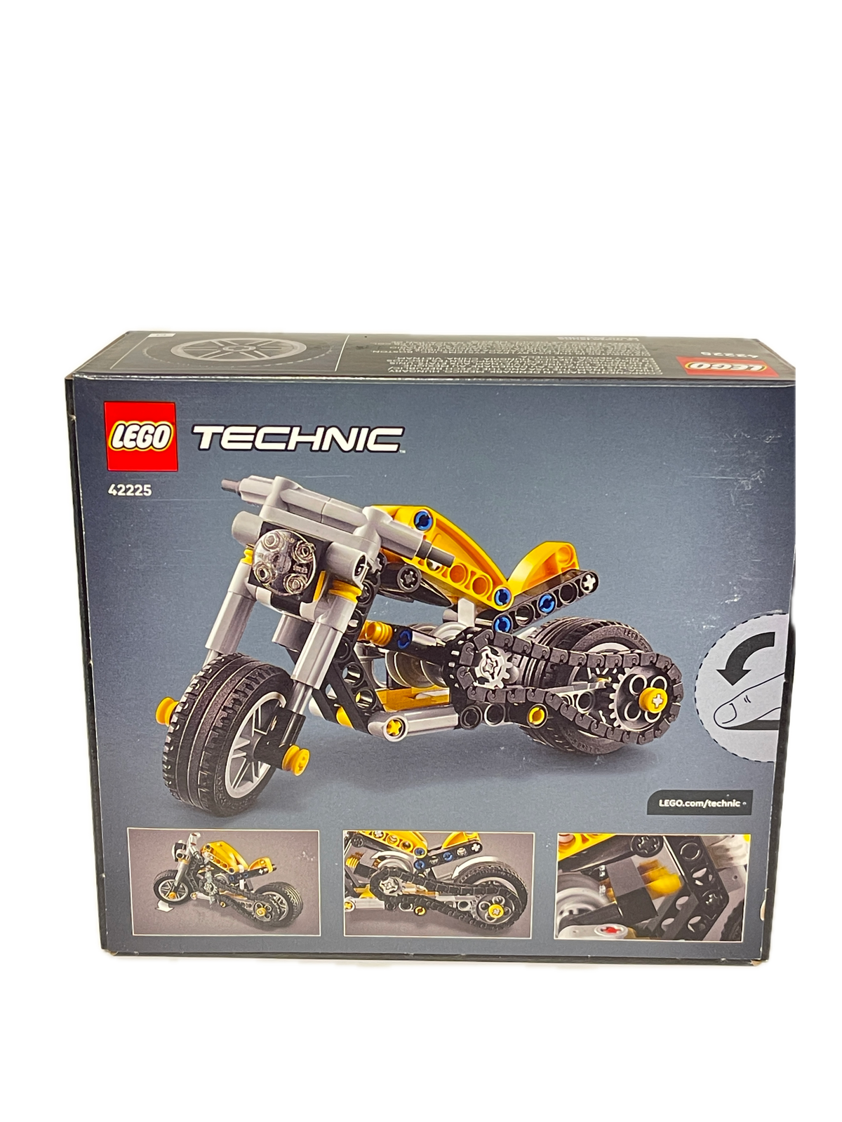 LEGO Technic 42221 Mechanic Motorcycle model kit box, showing the assembled motorcycle and feature diagrams on a dark gray background.