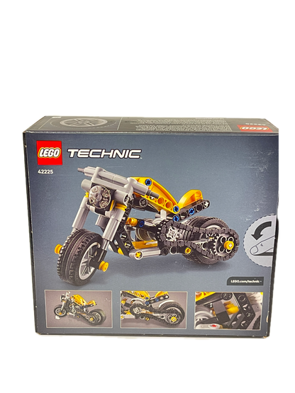LEGO Technic 42221 Mechanic Motorcycle model kit box, showing the assembled motorcycle and feature diagrams on a dark gray background.