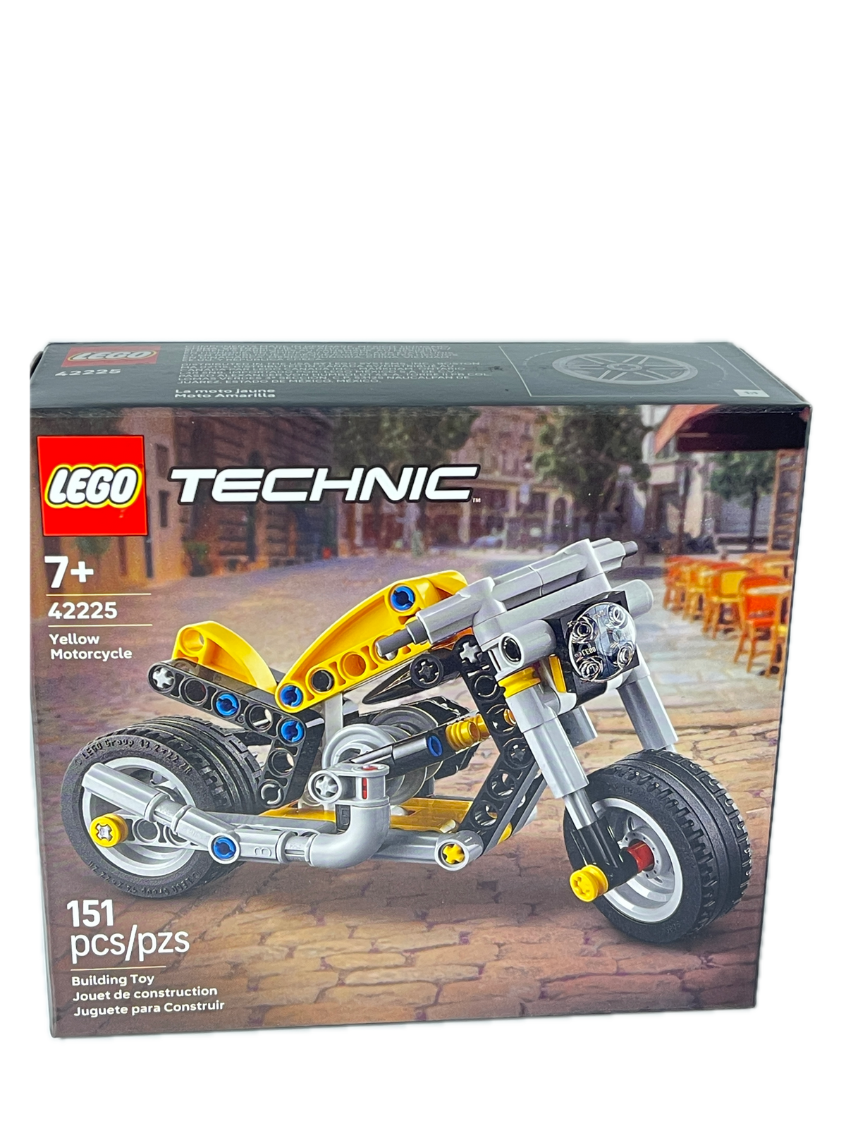 LEGO Technic Motorcycle building set box, number 42225, featuring a yellow and silver mechanical motorcycle on a white background.