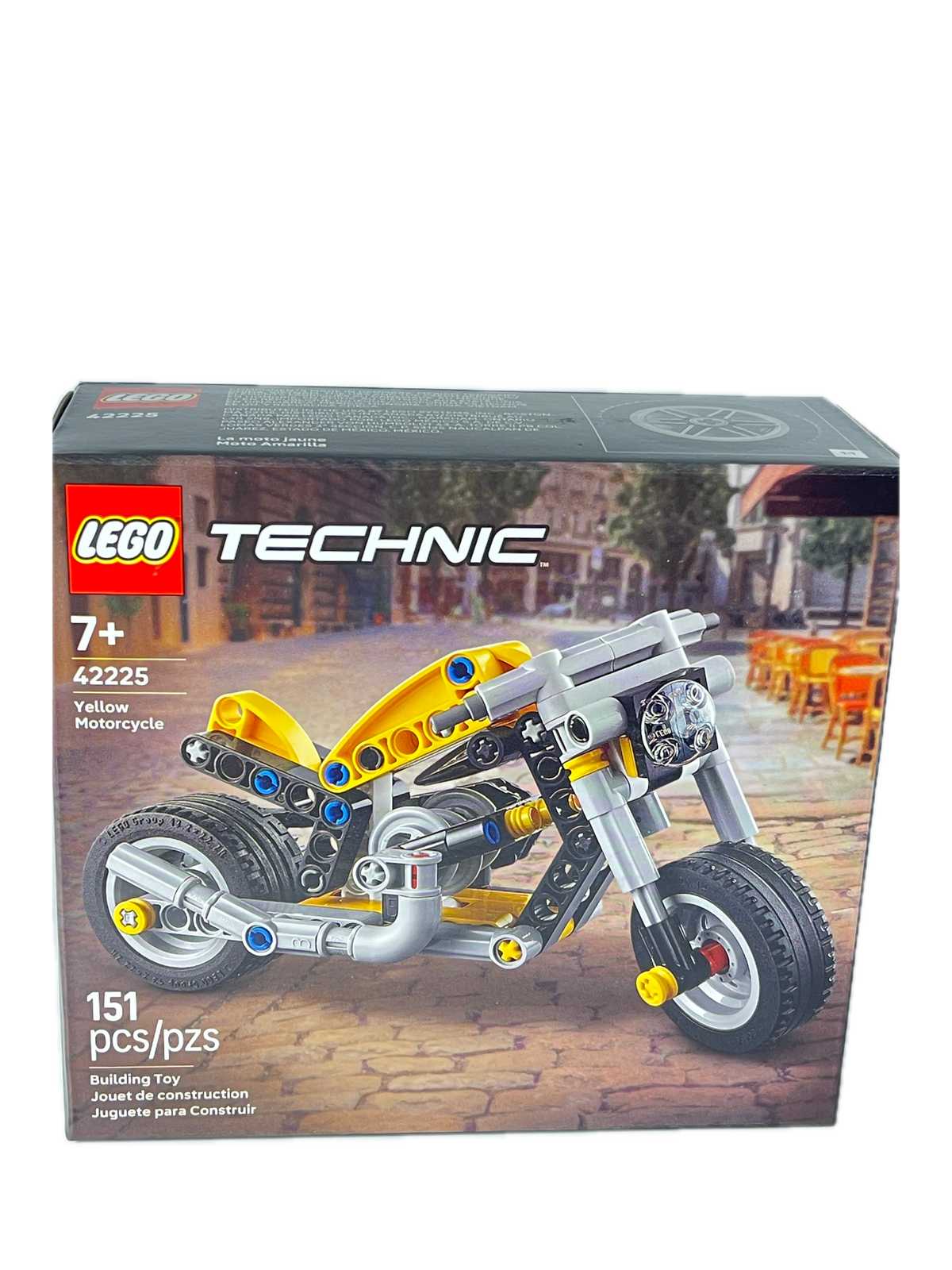 LEGO Technic Motorcyclist building set box, model 42225, featuring a silver and yellow motorbike design on a white background.