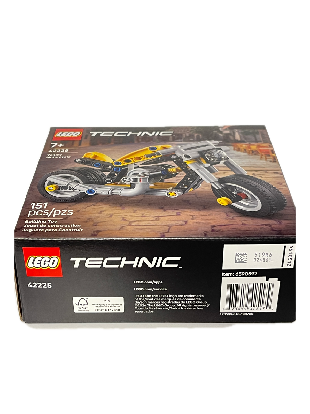 LEGO Technic 42225 Dirt Bike building set box, showing a 151-piece model kit with a black, gray, and yellow bike design on a white background.