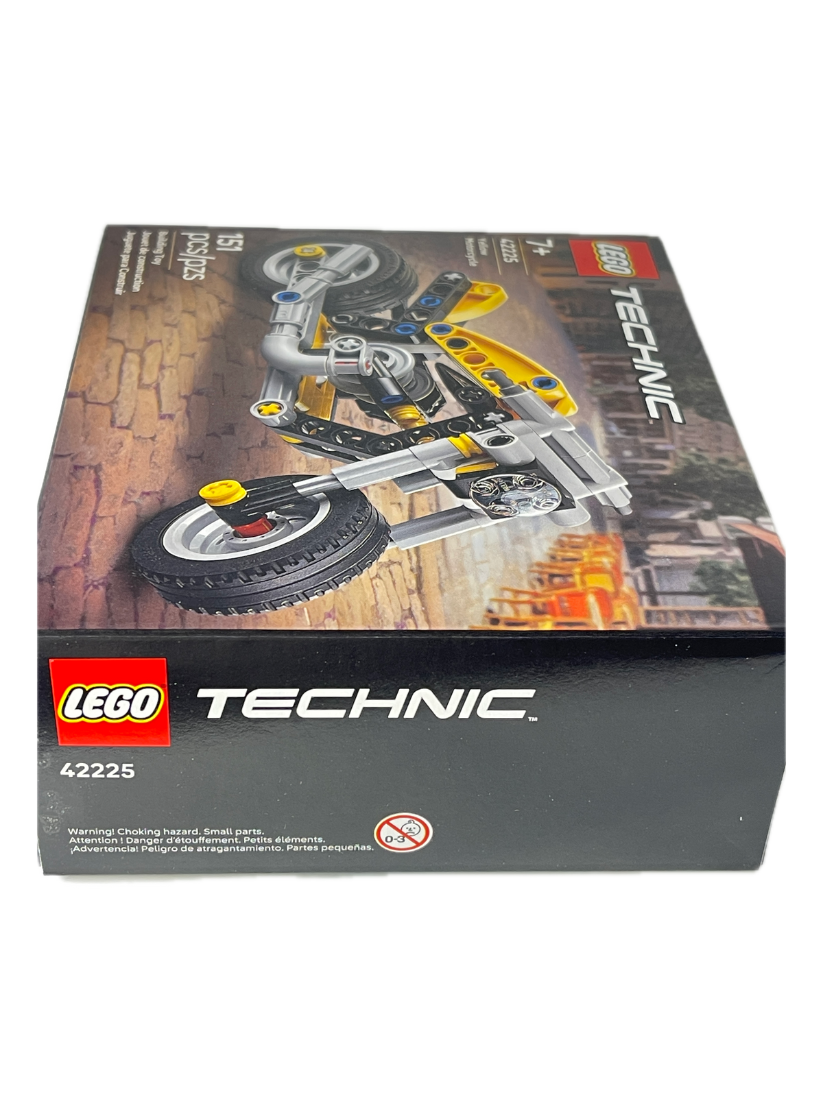 LEGO Technic chopper motorcycle building toy box, set number 42225, featuring a black and yellow box with a photo of the assembled toy motorcycle on the front.
