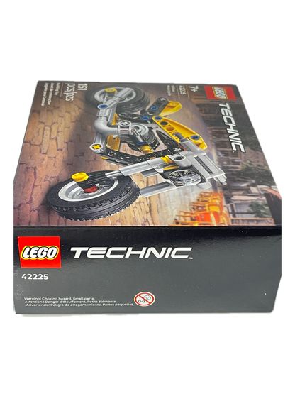 LEGO Technic chopper motorcycle building toy box, set number 42225, featuring a black and yellow box with a photo of the assembled toy motorcycle on the front.