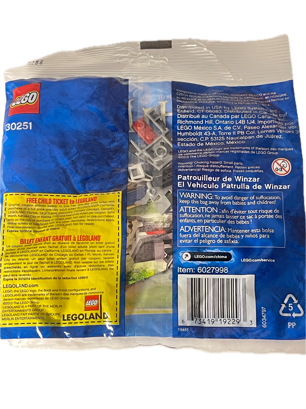 The back of a LEGO 30251 building set bag, showing the product code, barcode, warning labels, and a glimpse of the mixed plastic building blocks inside through a clear window.