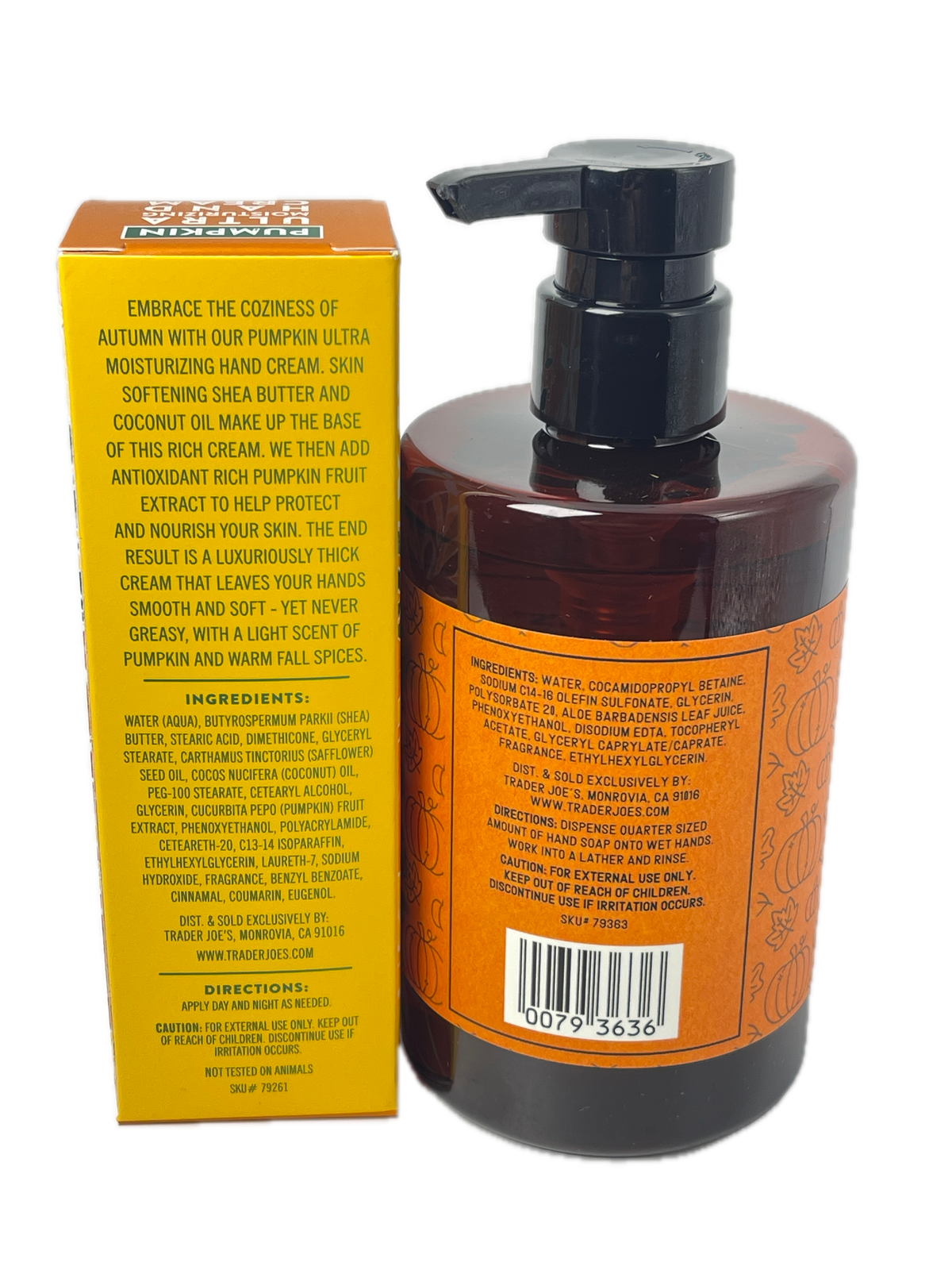 An amber plastic pump bottle of hand cream with a black dispenser, shown alongside its yellow cardboard packaging box on a white background. The bottle and box feature orange labels with black text and a barcode.