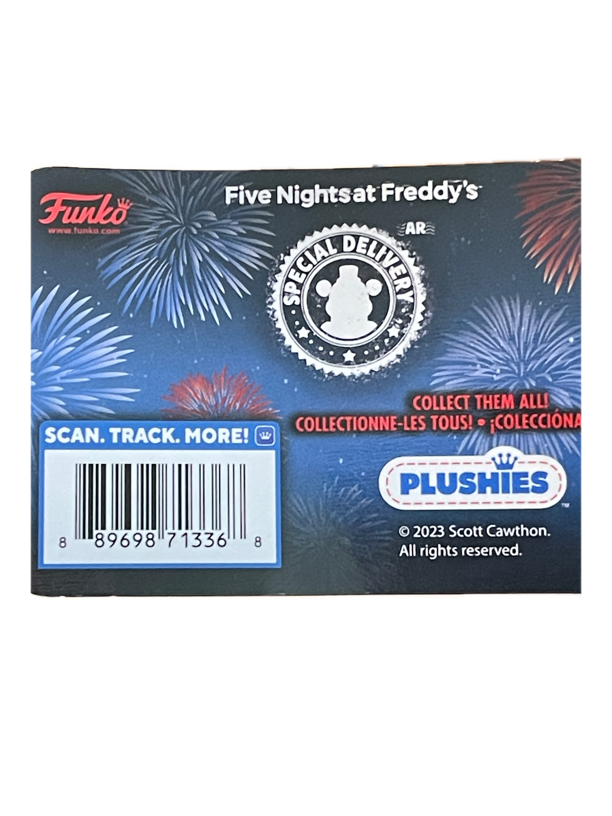The back of a Funko Five Nightcat Freddy's collectible box, featuring a dark blue background with firework illustrations, a 'Special Delivery' seal, and a barcode box at the bottom right.