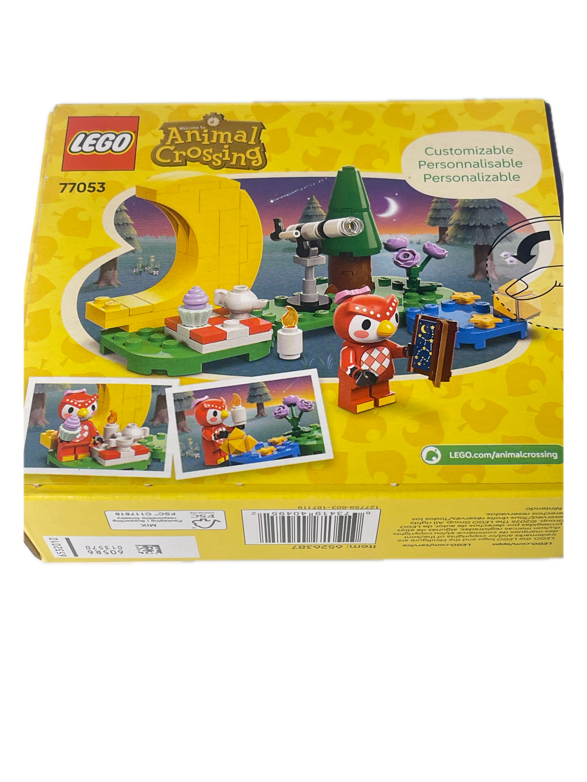 LEGO Animal Crossing 77053 set box shown from the back side, featuring colorful artwork of a character in a forest with a treehouse and bridge, on a yellow background.