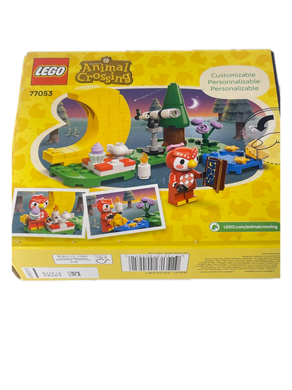 LEGO Animal Crossing 77053 set box shown from the back side, featuring colorful artwork of a character in a forest with a treehouse and bridge, on a yellow background.