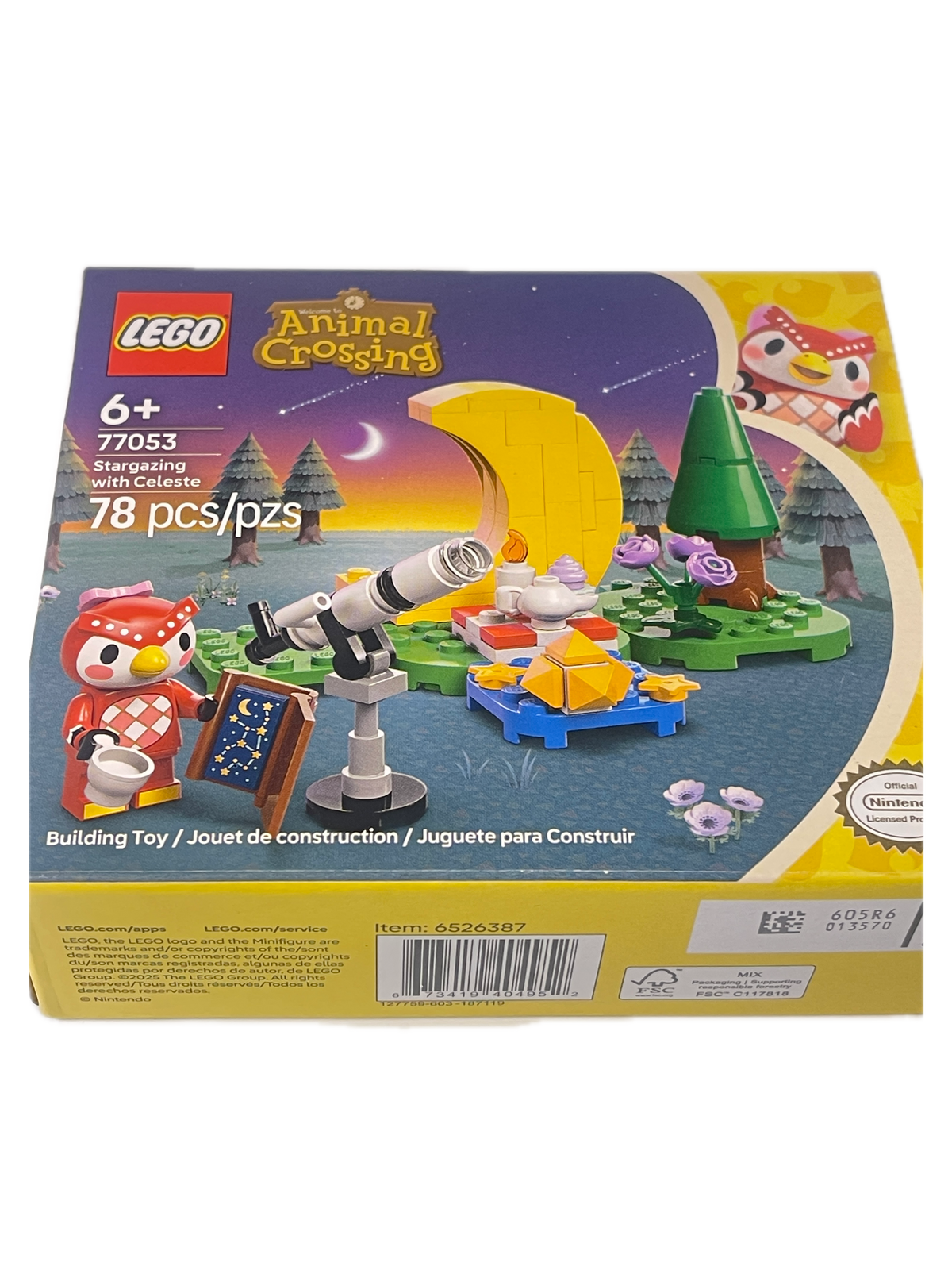 LEGO Animal Crossing: New Inception building toy box, set #7063, featuring 78 pieces. The packaging displays colorful illustrations of the assembled telescope and island scene, with the LEGO and Animal Crossing logos visible.