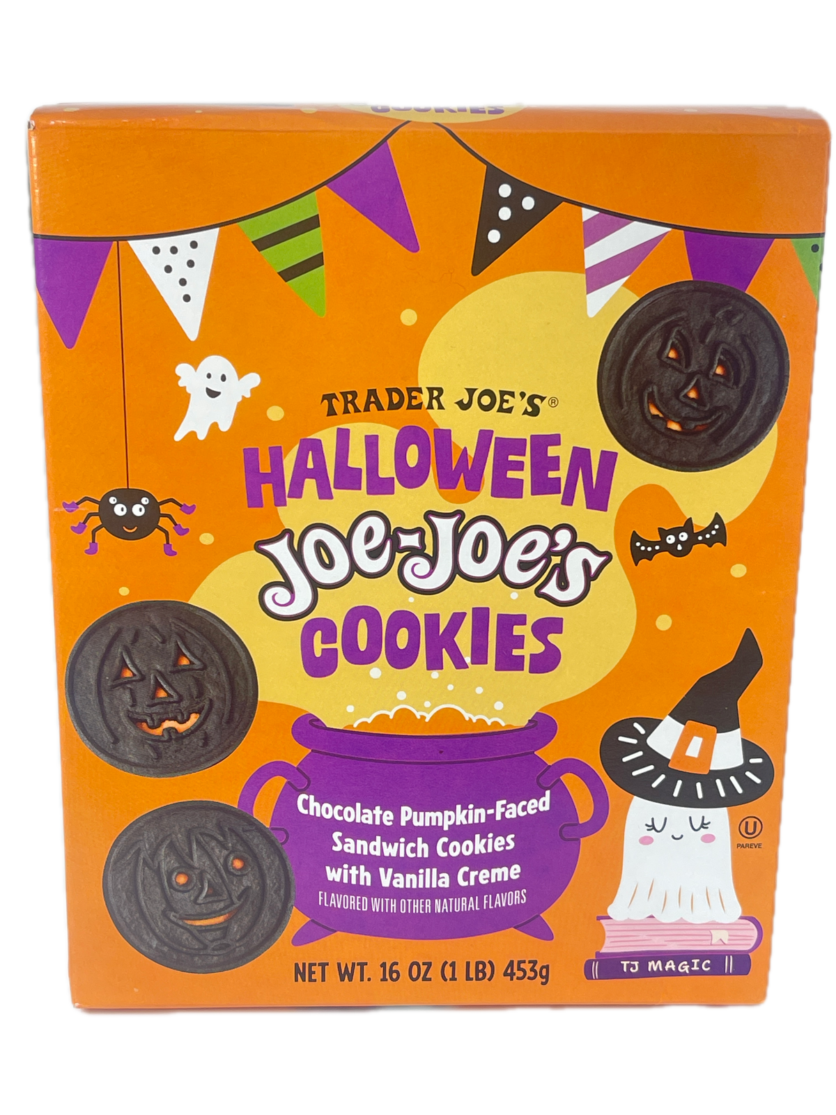 Trader Joe's Halloween Joe's Cookies box, featuring an orange background with purple, black, white, and yellow Halloween illustrations and photos of the sandwich cookies.