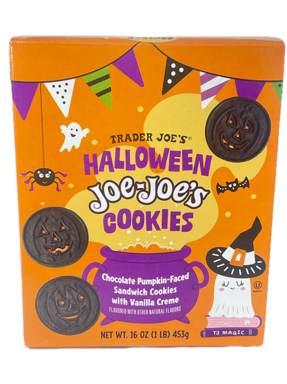 Trader Joe's Halloween Joe's Cookies box, featuring an orange background with purple, black, white, and yellow Halloween illustrations and photos of the sandwich cookies.