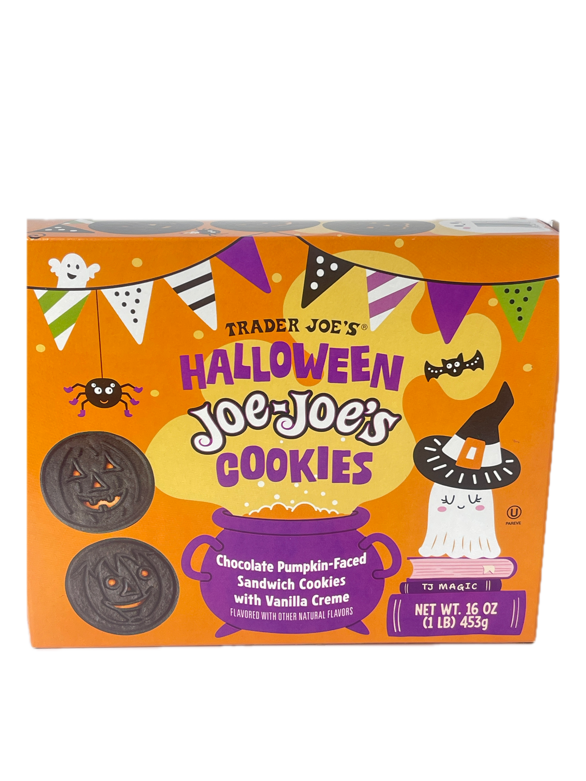 Trader Joe's Halloween Joe's Cookies box, featuring an orange and purple design with illustrations of a witch, spider, and candy corn, and showing two decorated cookies on the front.