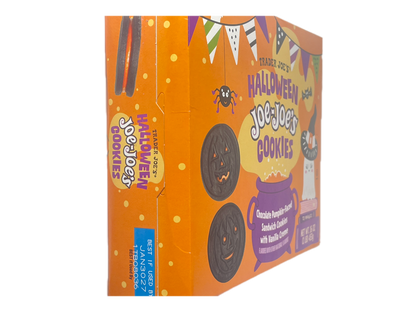 A box of Halloween Jolly Cookies by Travis Jolly, featuring an orange design with illustrations of jack-o'-lanterns, a spider, and candy corn, along with a blue 'Best If Used By' sticker.