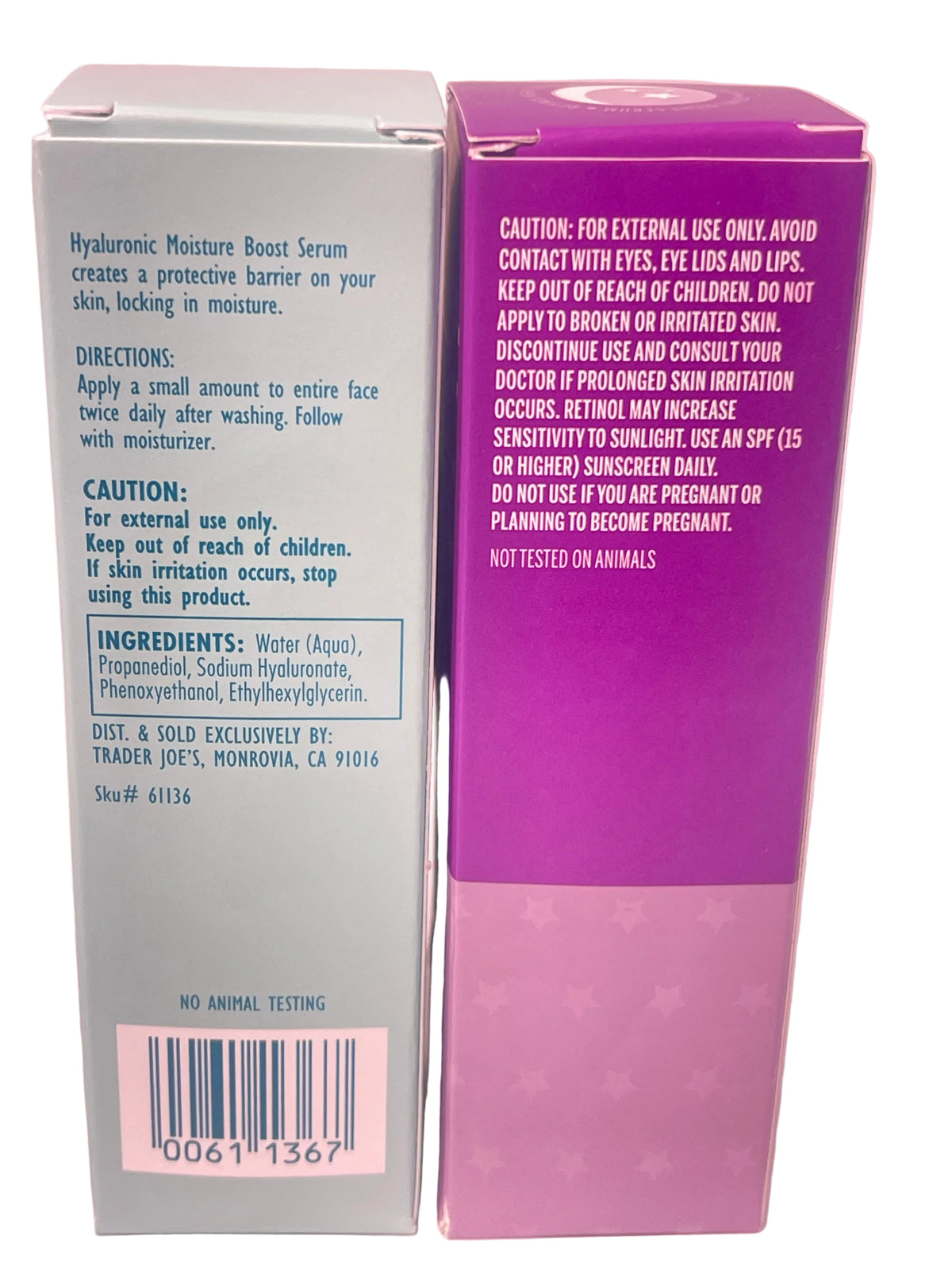 The back and side of a skincare product box, showing the brand name TRADER JOE on the bottom, with usage directions, ingredients, and caution text on a pink background.